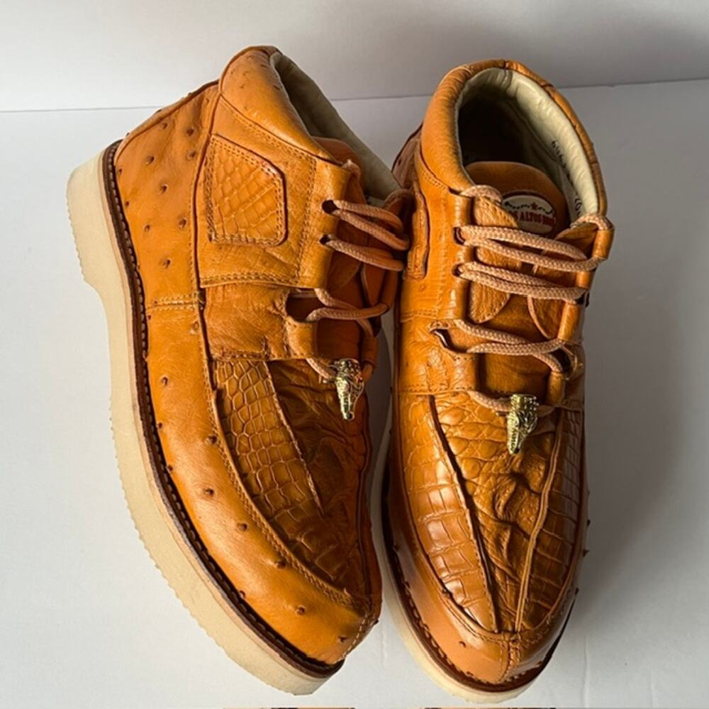 Los Altos Genuine Ostrich Caiman Leather Mid Top Sneakers Men's 6 Honey Tan